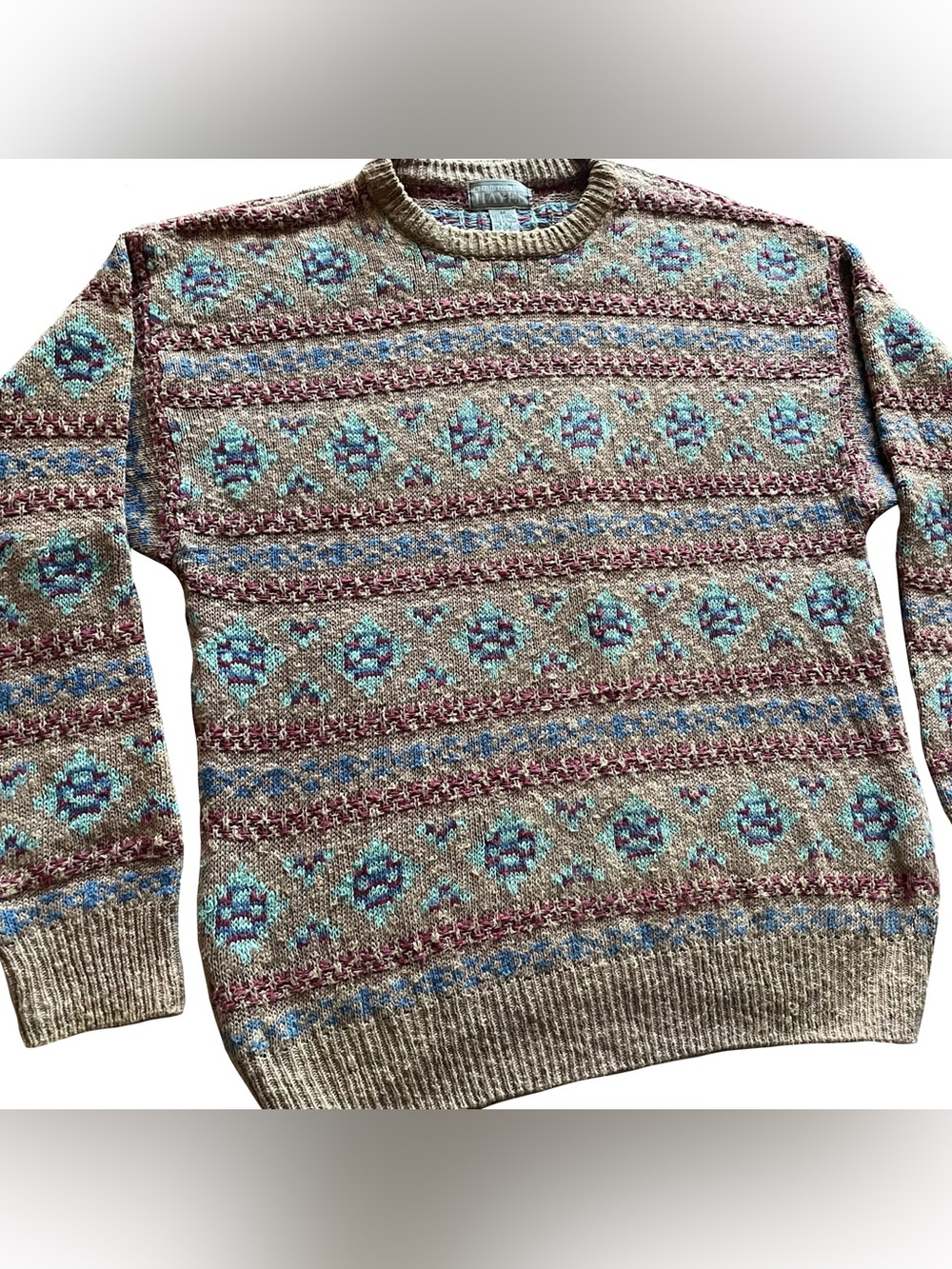 VTG Christopher Hayes Fair Isle Knit Crewneck Sweater Sz M Linen Nordic Granola